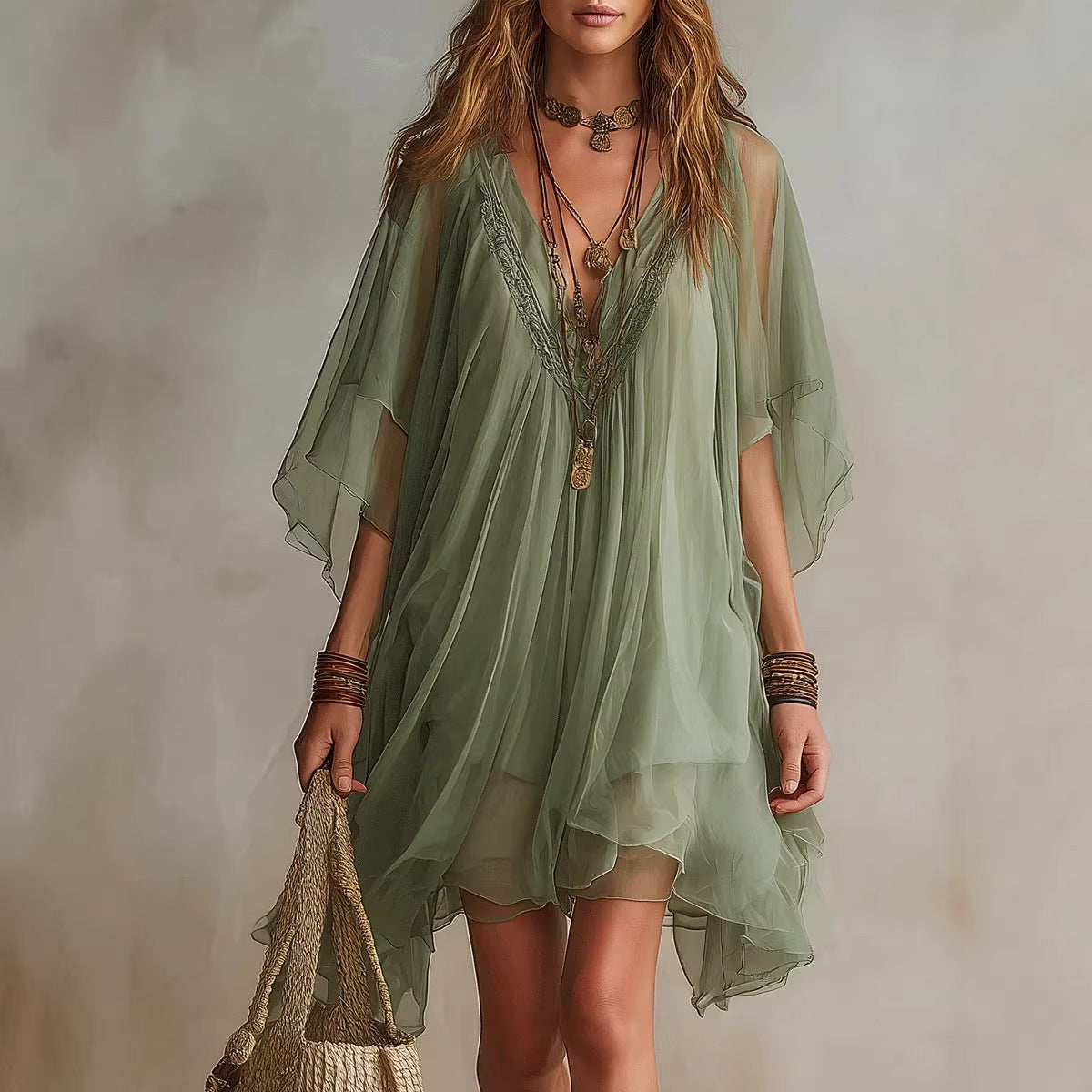 Woman wearing a green dress with a neutral background