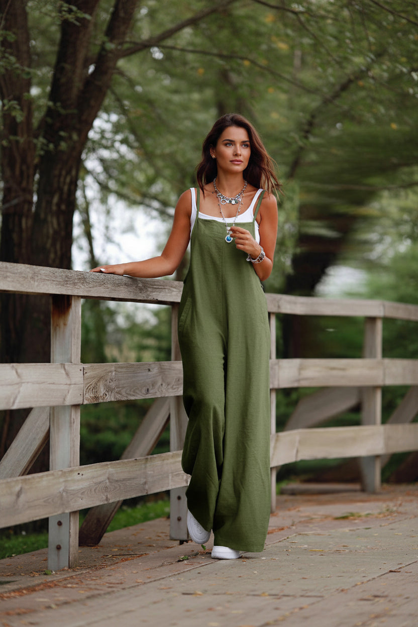 Women's Dark Green Casual Suspender Wide-leg Jumpsuit - AmiraMart