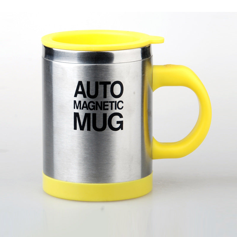 Auto magnetic mug with yellow handle and lid on a white background