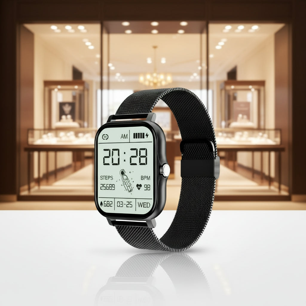 Black digital smartwatch with a mesh band on a white background