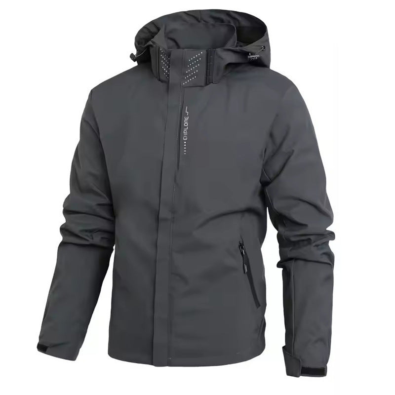 Dark gray jacket with a hood on a white background