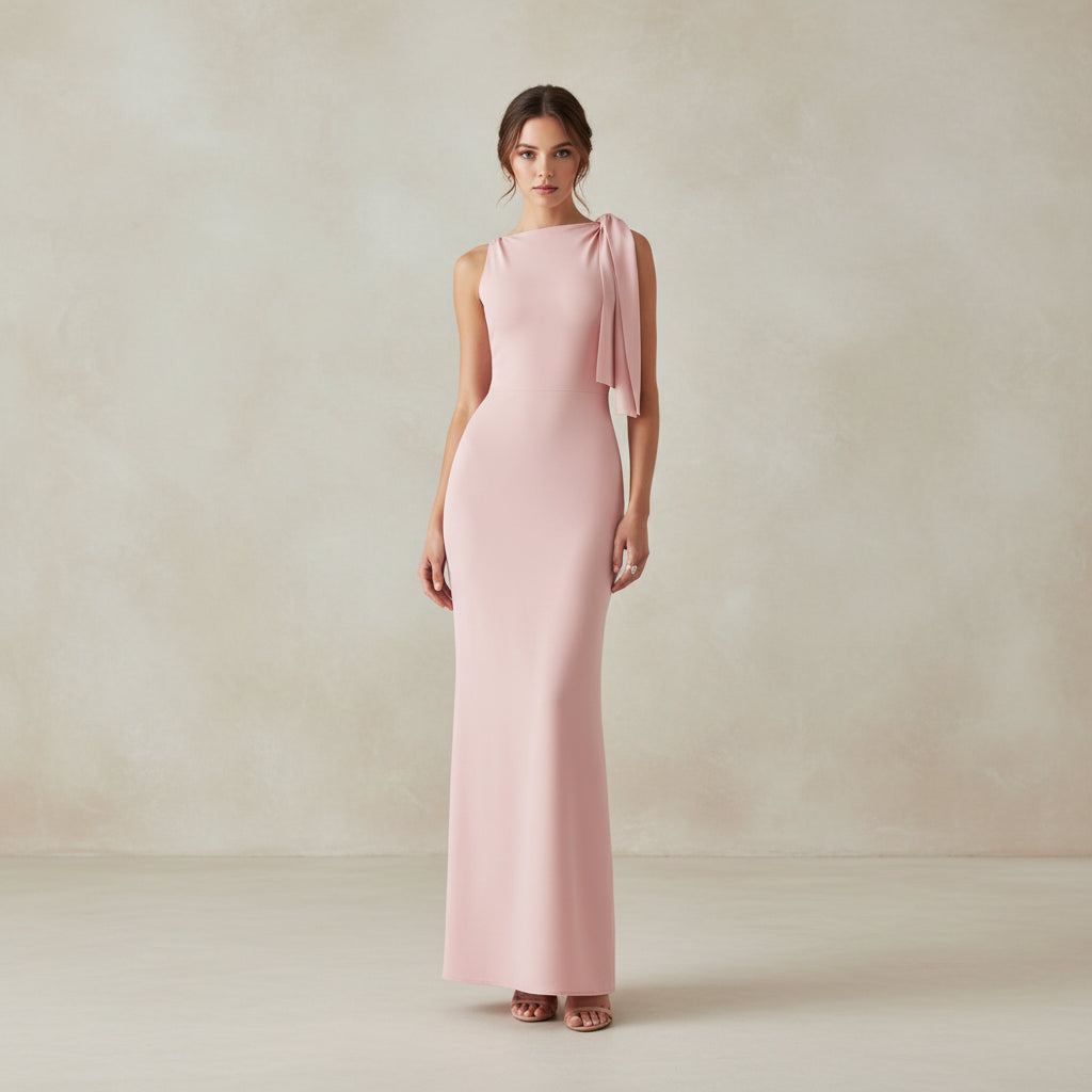 Woman in a pink dress standing on a staircase
