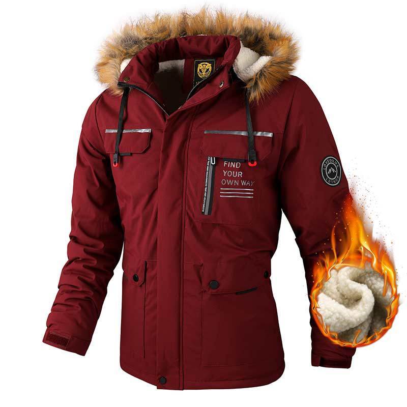 Red winter jacket with fur hood on a white background