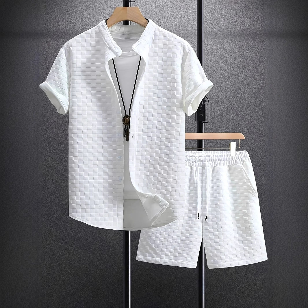 Men's Jacquard Casual Short Sleeve Shirt Outfit - AmiraMart
