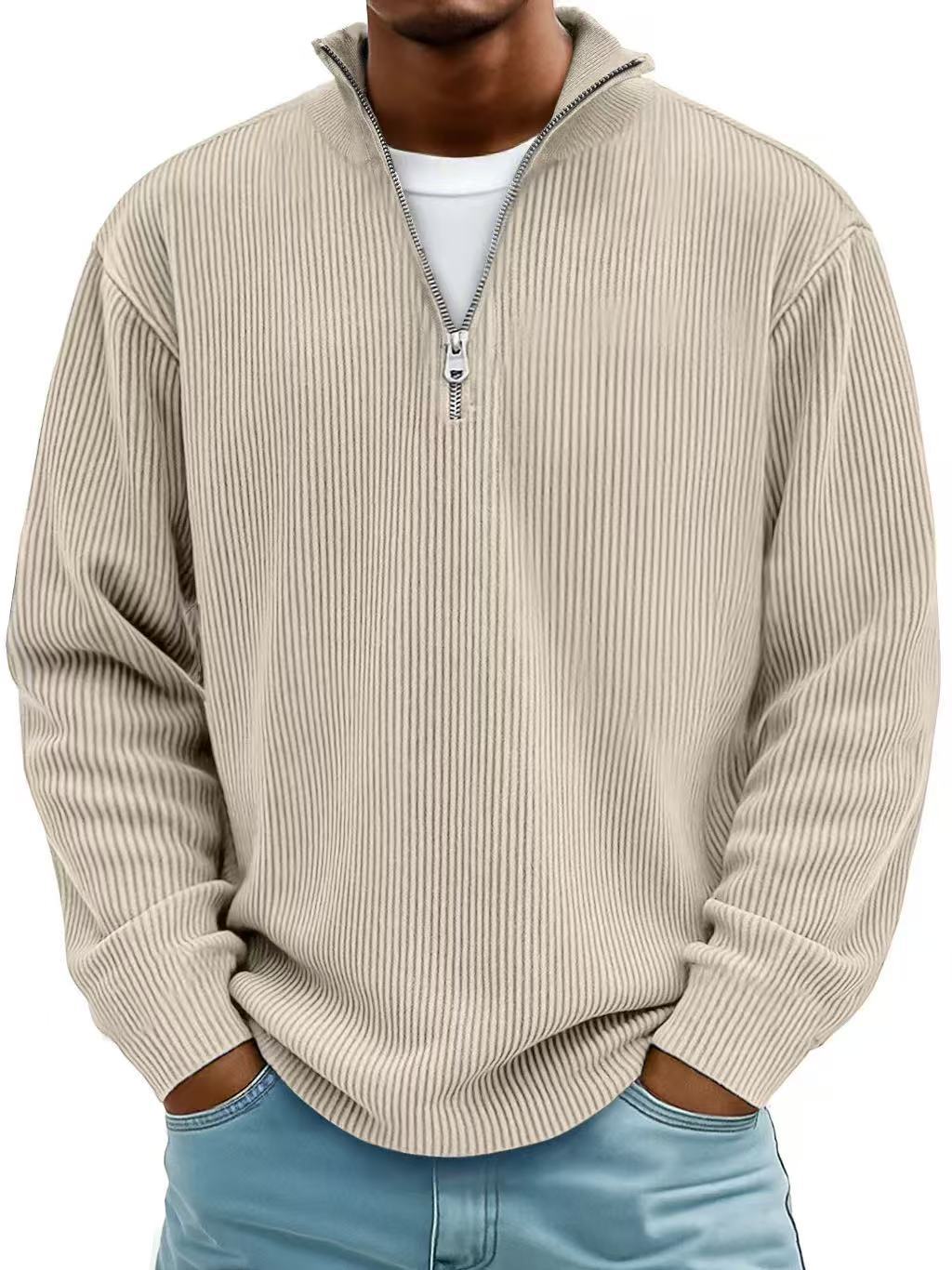 Corduroy Zipper Stand Collar Sweatshirt - AmiraMart