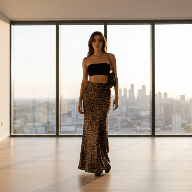 Woman wearing a black crop top and leopard print pants standing against a building.