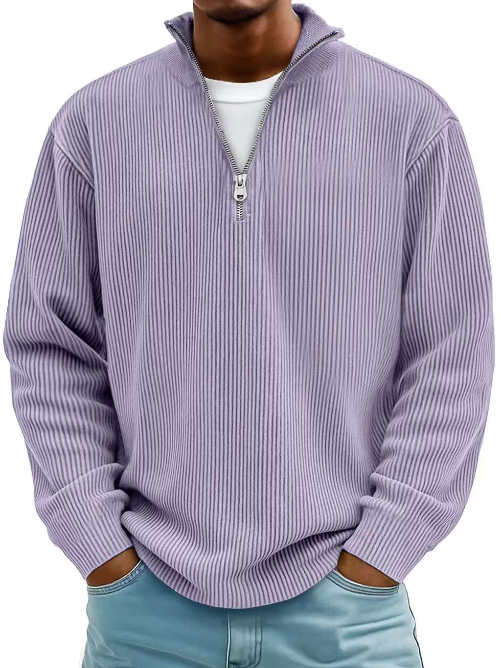 Corduroy Zipper Stand Collar Sweatshirt - AmiraMart
