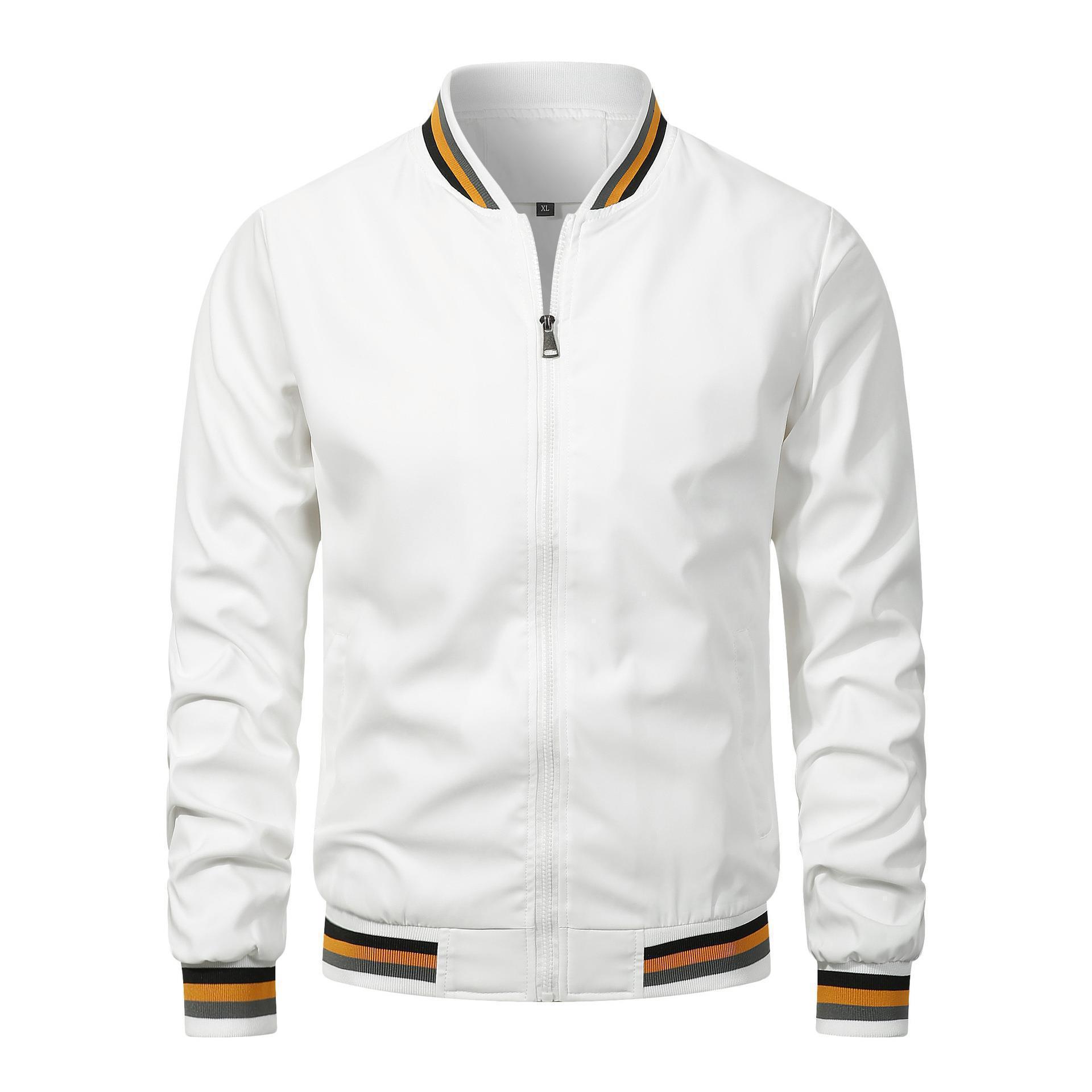 White jacket with striped cuffs and collar on a white background
