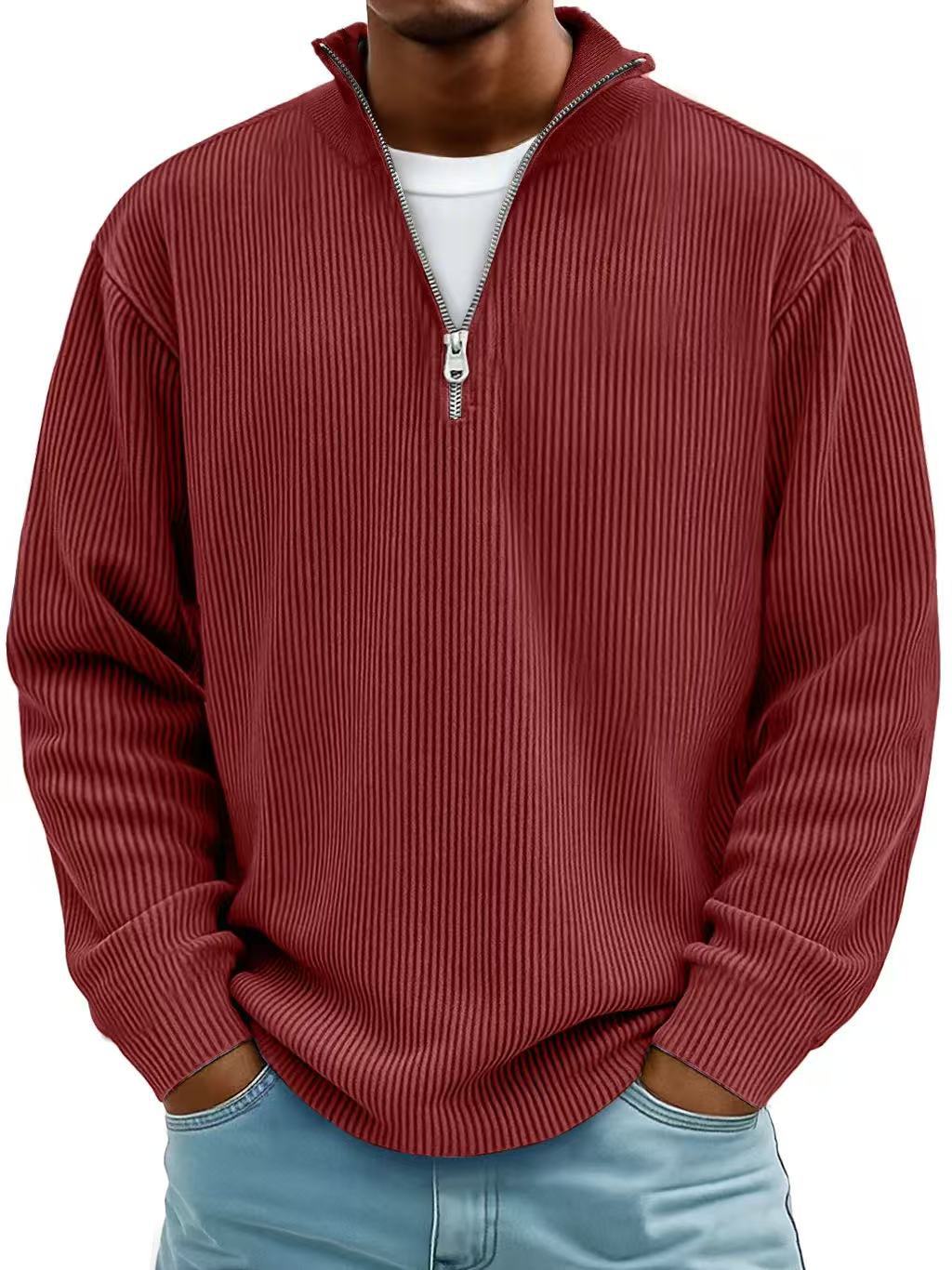 Corduroy Zipper Stand Collar Sweatshirt - AmiraMart