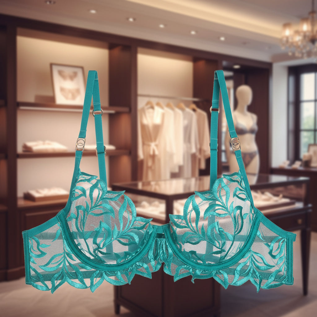 Teal lace bra on a white background
