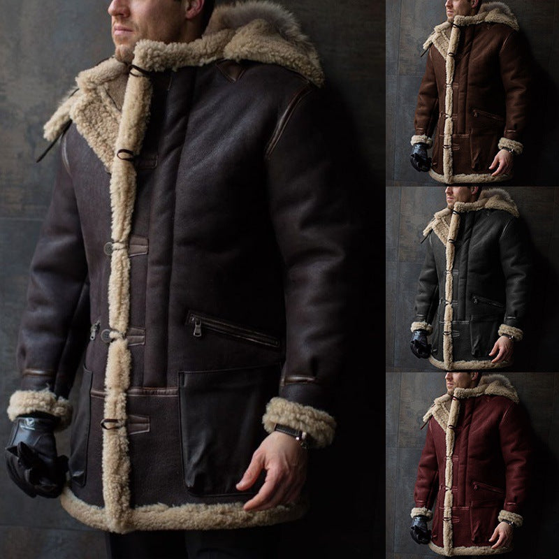 Brown winter coat with fur trim worn by a person, displayed from multiple angles.