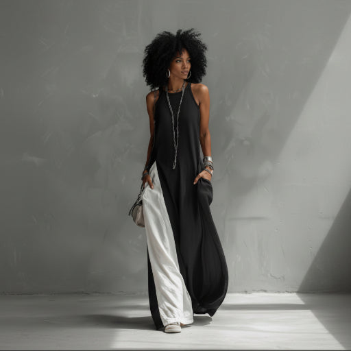 Person wearing a black and white dress against a gray background