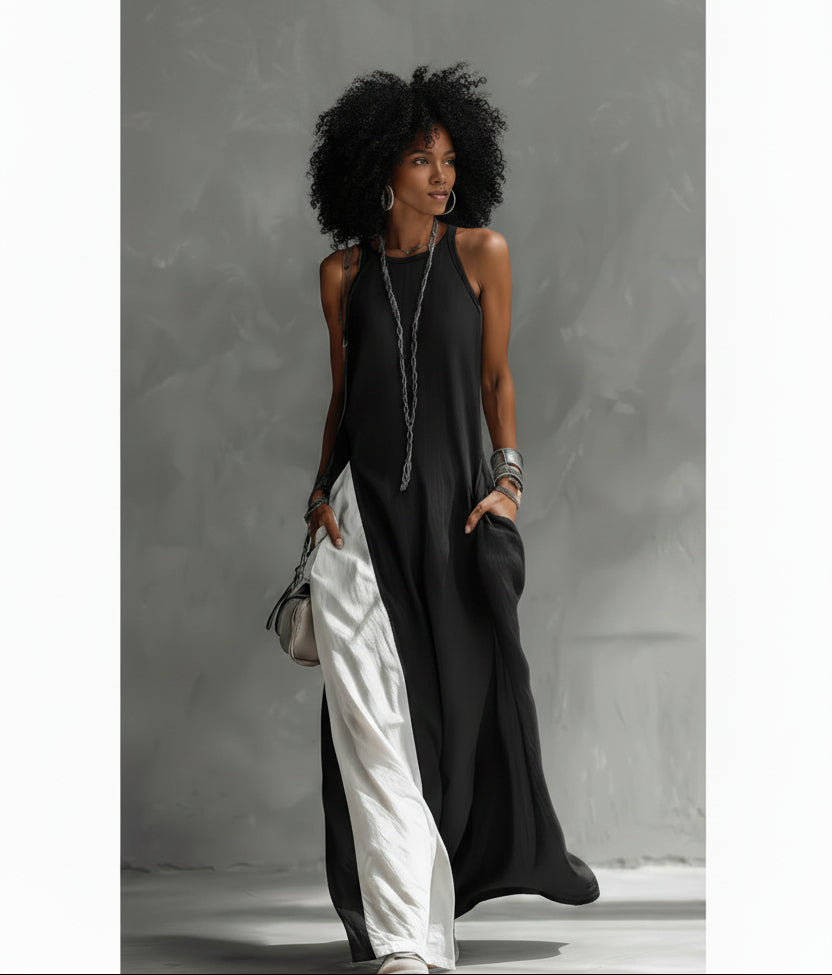 Person wearing a black and white dress against a gray background