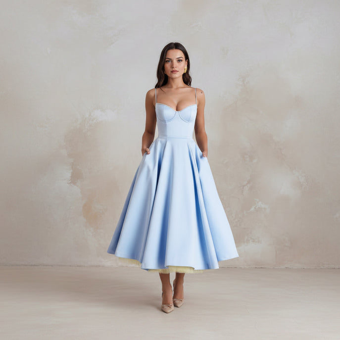 Light blue dress with a yellow hem on a white background