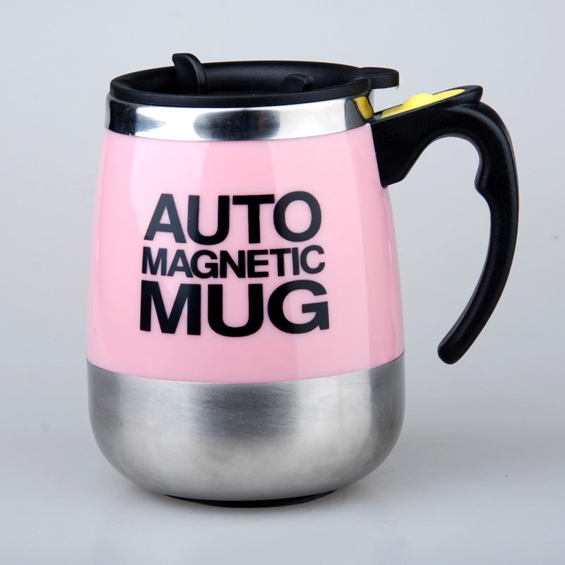 Pink auto magnetic mug with black text on a light gray background