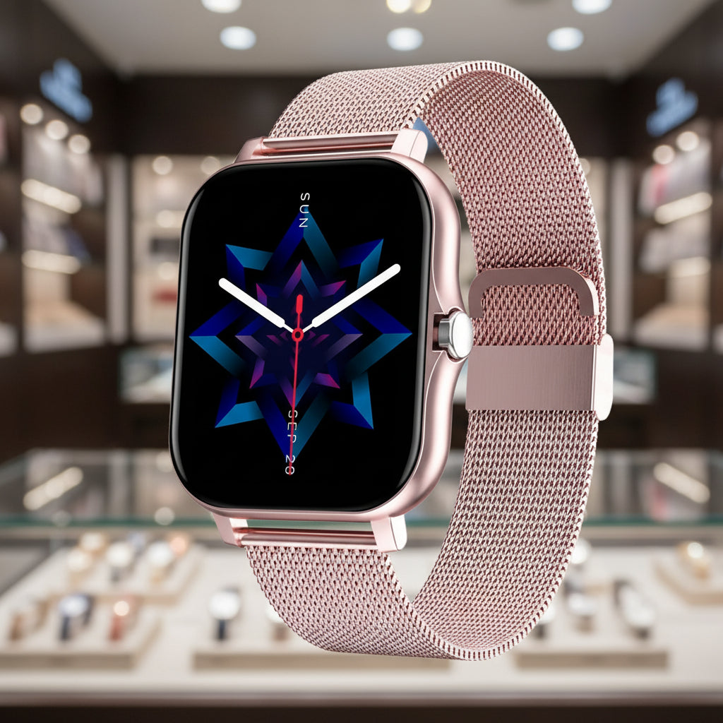 Smartwatch with a rose gold mesh band on a white background
