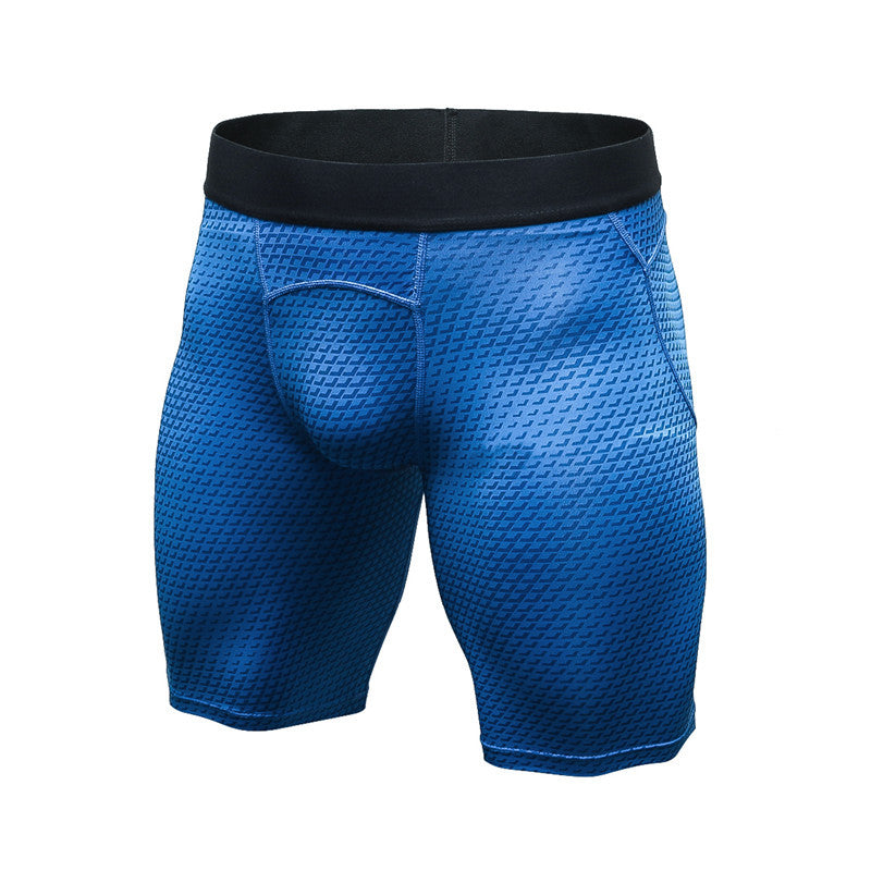 Blue compression shorts with a black waistband on a white background