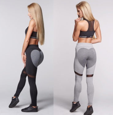 Two views of a person wearing black and gray leggings on a plain background