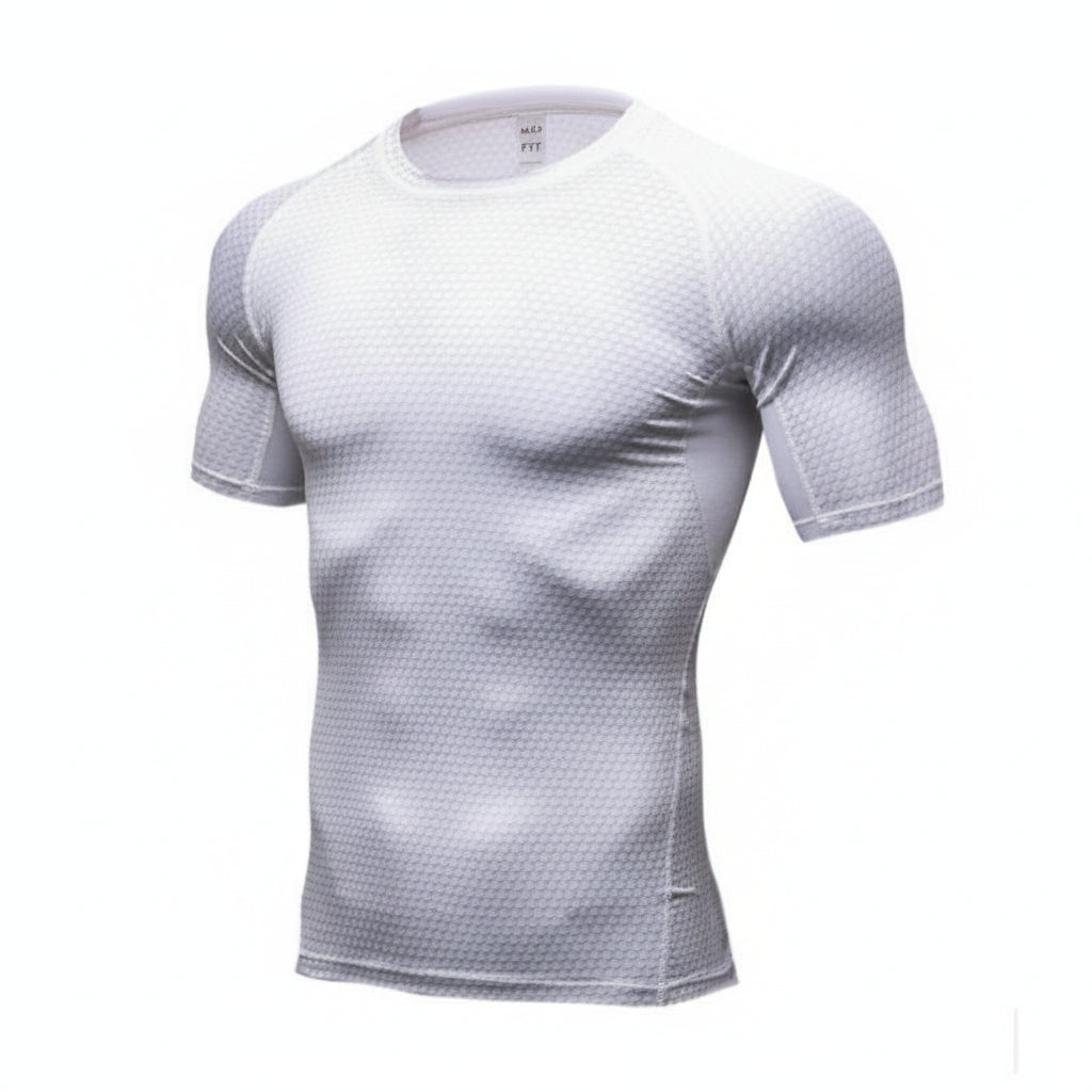 White t-shirt with gray pattern on a white background