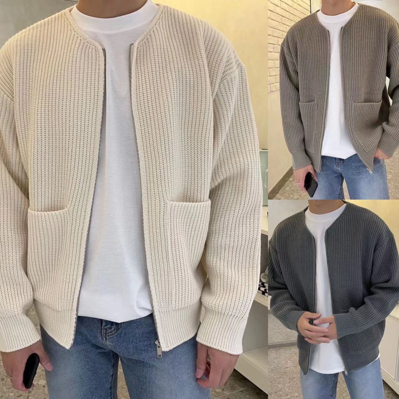 Men's Zip Up Knit Cardigan - Lined Funnel Neck Coat with Pockets - AmiraMart