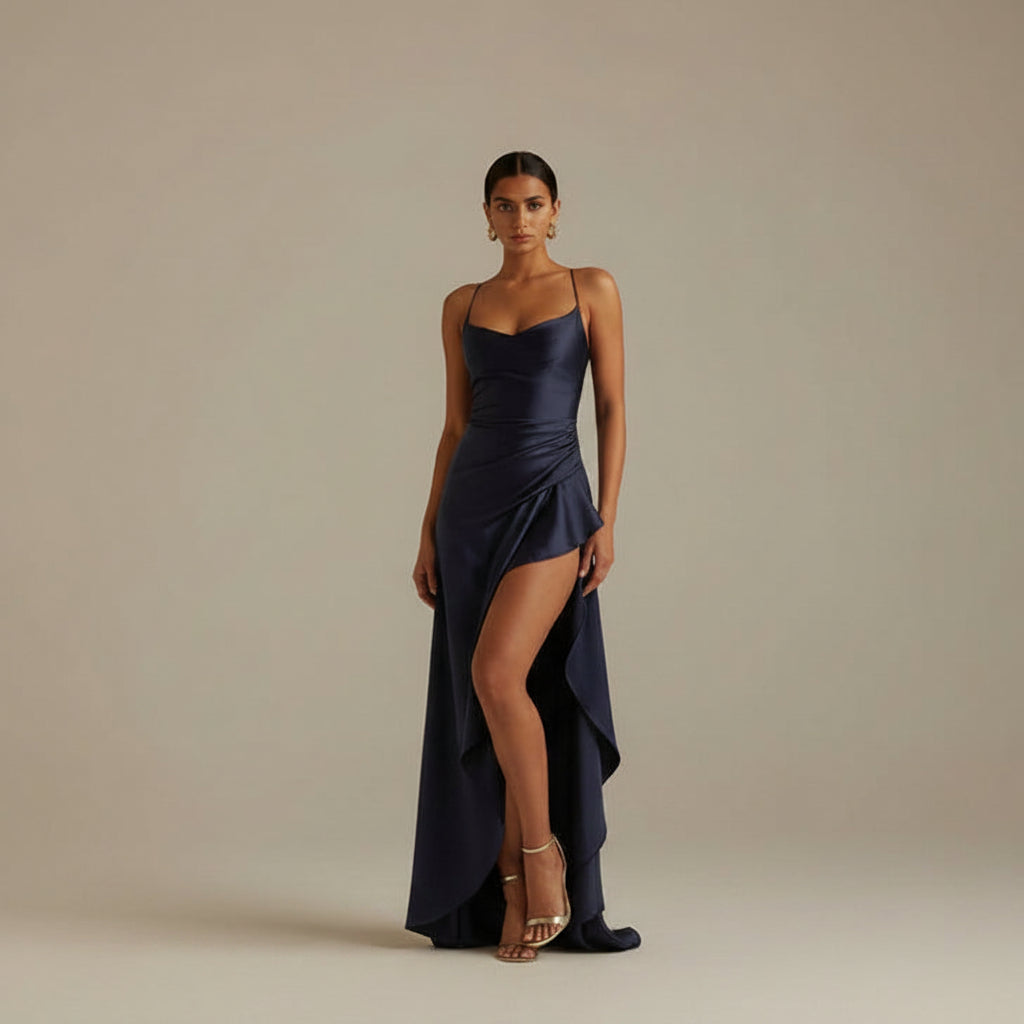 Woman wearing a navy blue evening gown with a high slit on a white background
