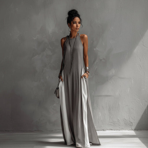 Woman wearing a gray sleeveless jumpsuit against a neutral background