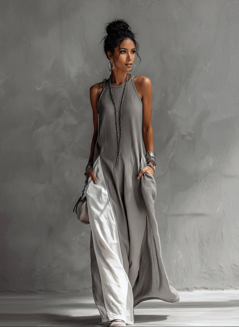 Woman wearing a gray sleeveless jumpsuit against a neutral background