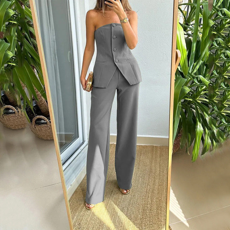 Sleeveless Top And Straight Pants Women's Trousers Set - AmiraMart