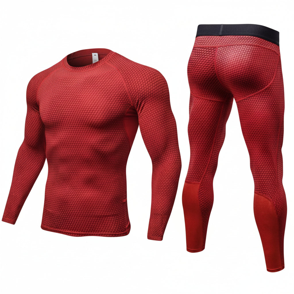 Red athletic shirt and leggings set on a white background