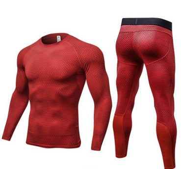 Red athletic shirt and leggings set on a white background