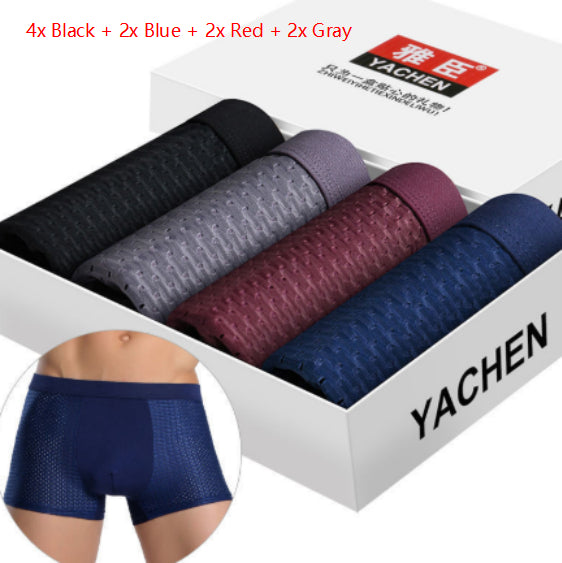 Box of Yachen men's underwear with various colors including black, blue, red, and gray.
