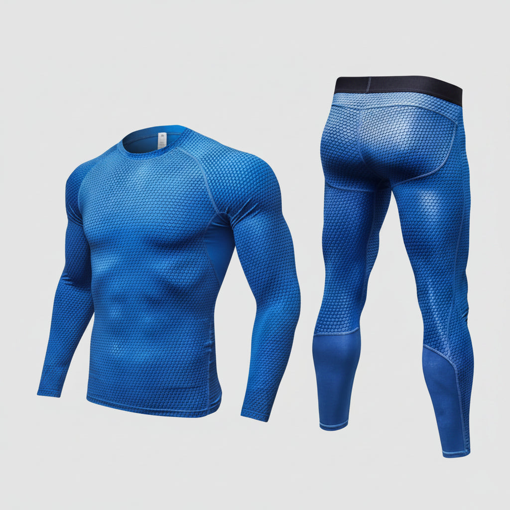 Blue athletic compression shirt and leggings on a white background