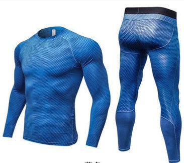 Blue athletic compression shirt and leggings on a white background
