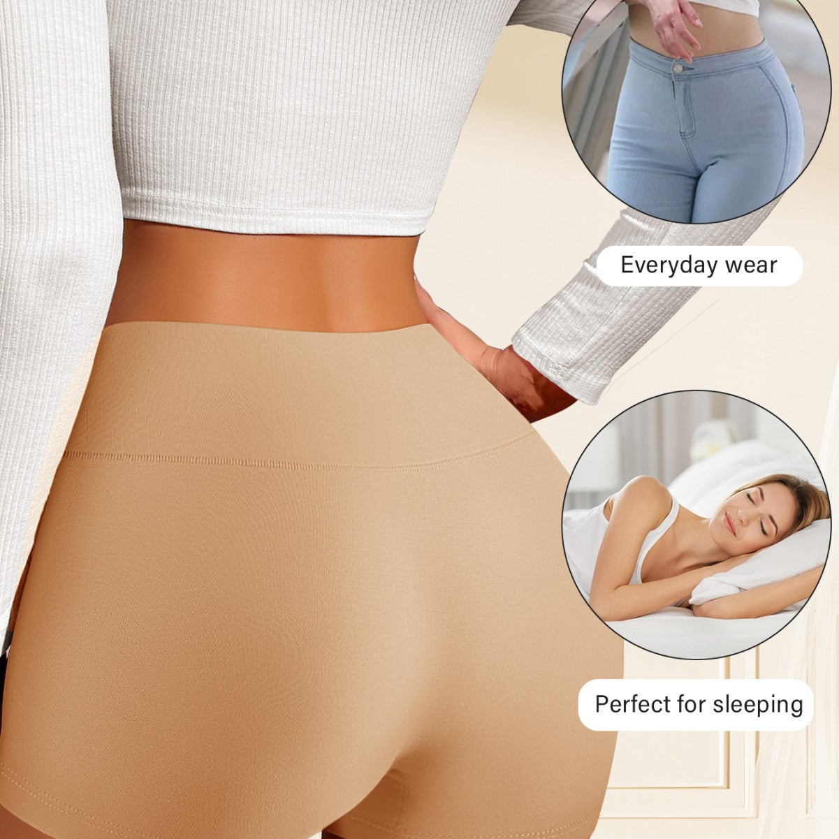 Beige shapewear with insets showing wear in everyday activities and sleeping.