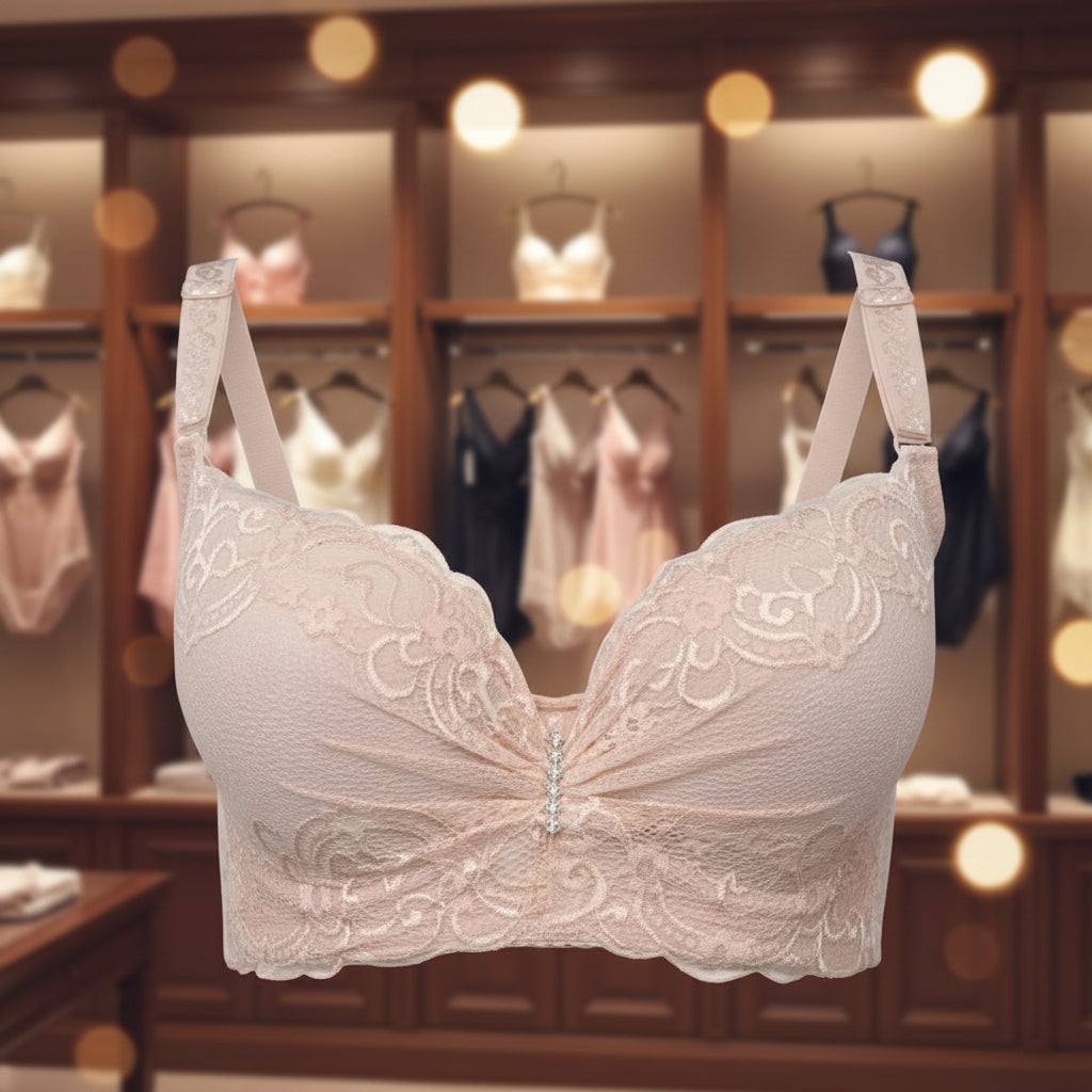 Lace bra in beige color on a white background
