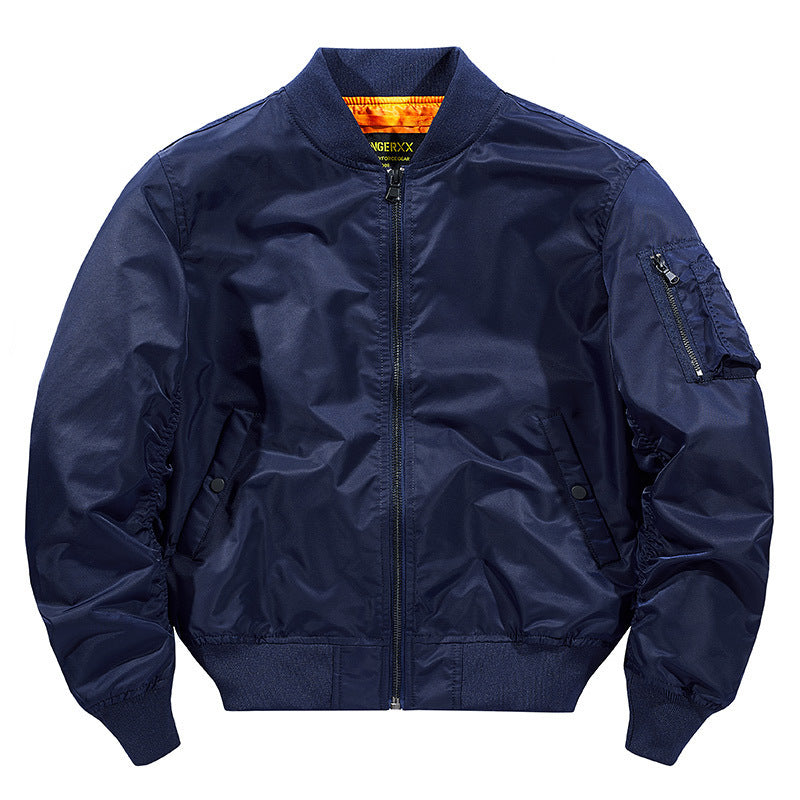 Navy blue bomber jacket on a white background