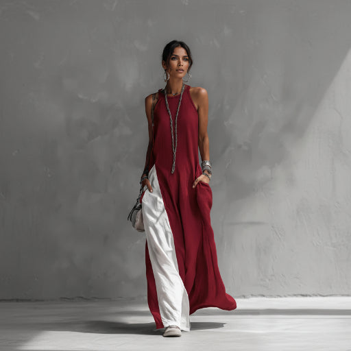 Woman wearing a long, burgundy dress with white pants against a gray background