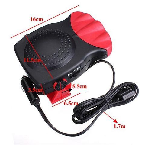 Black and red car heater with dimensions labeled on a white background