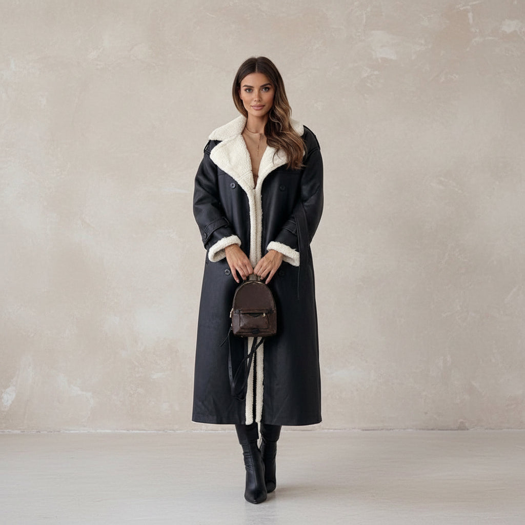 Woman wearing a black coat with white fur lining, holding a brown bag against a white background
