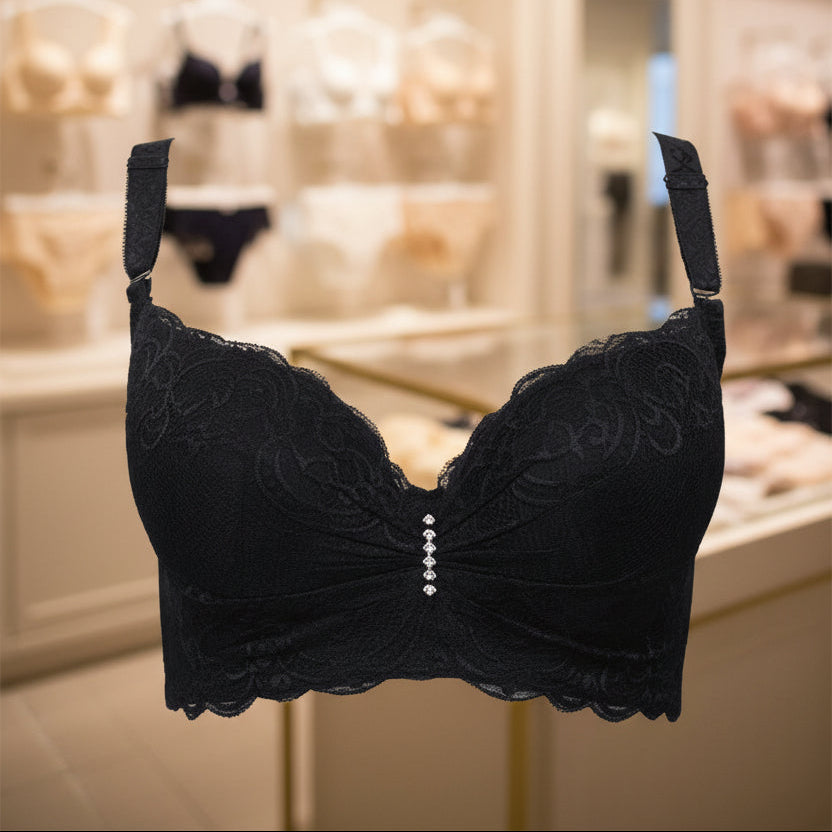 Black lace bra on a white background