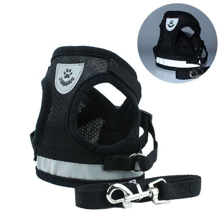 Black dog harness with reflective strip and leash on a white background