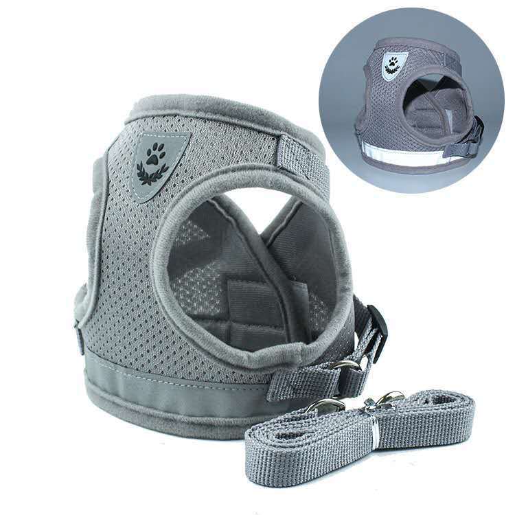 Gray dog harness with handle on a white background