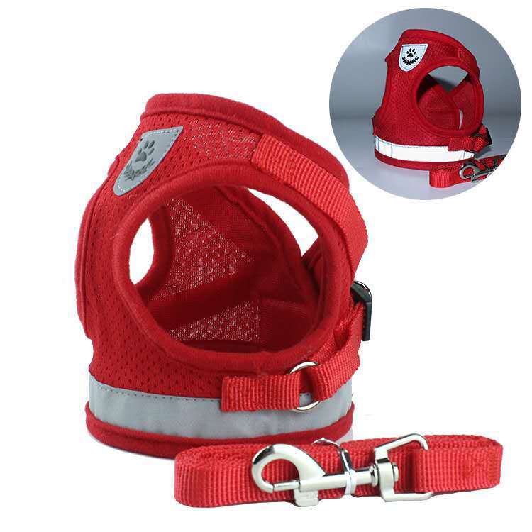 Red dog harness with reflective strip and leash on a white background