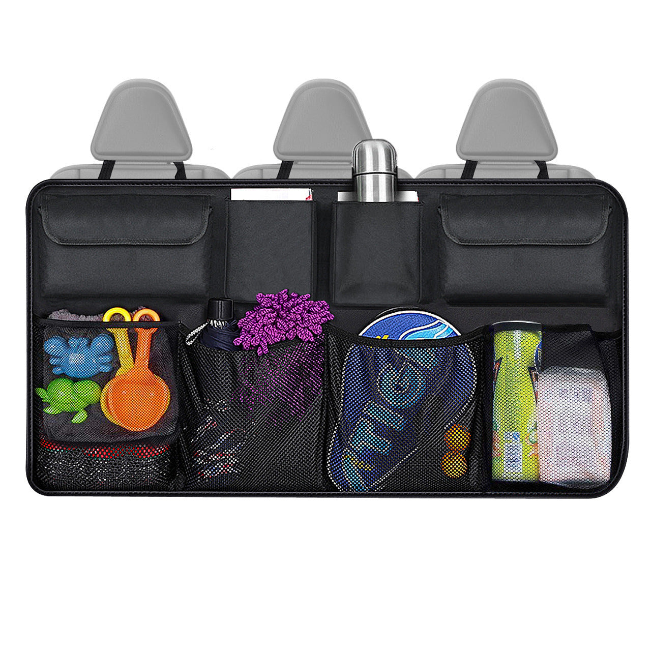 Black car organizer with various items inside, placed on a white background