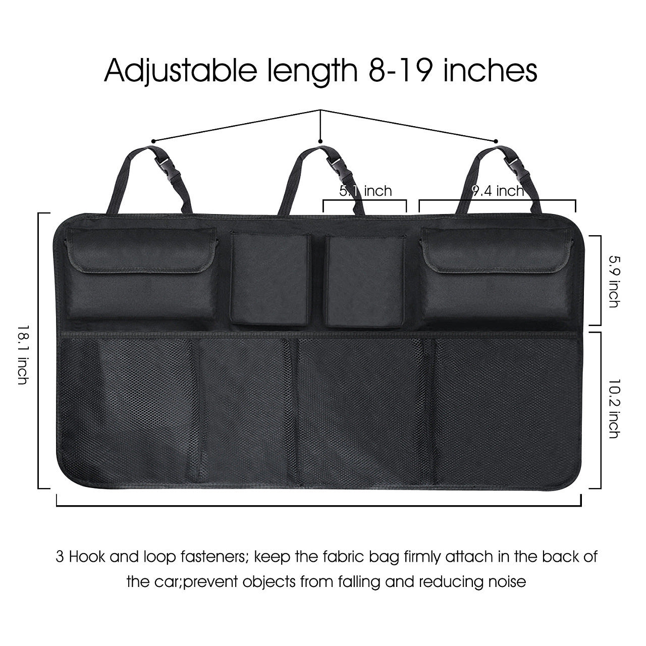 Black car organizer with dimensions and features on a white background
