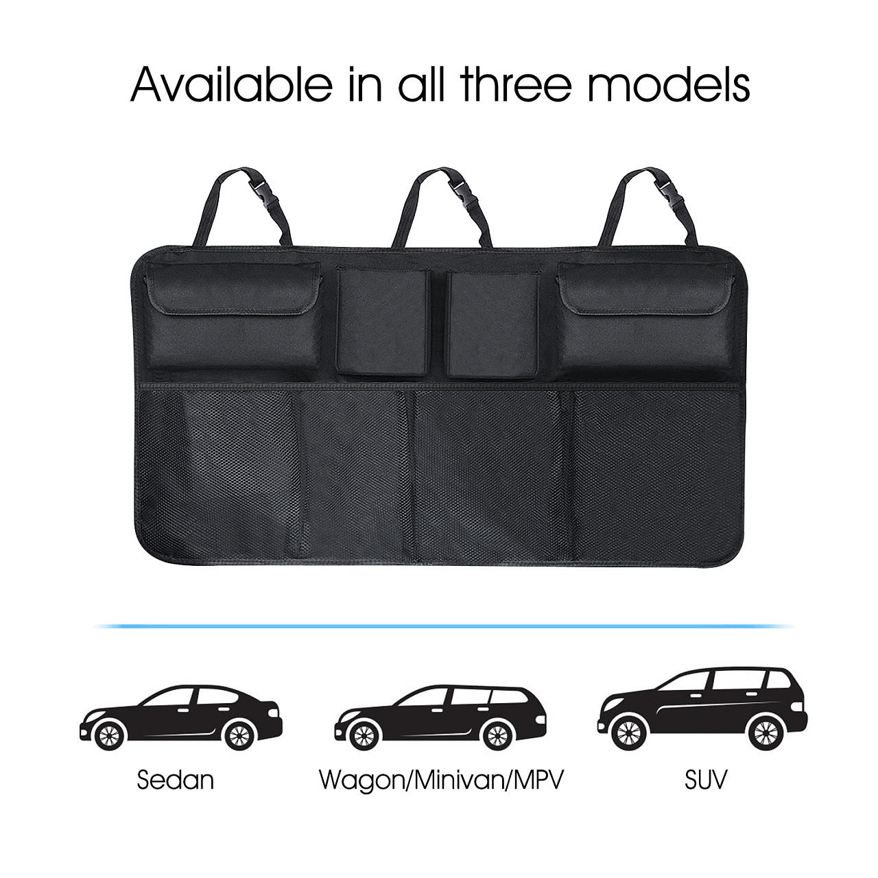 Black car organizer with multiple pockets and text indicating availability in all three models on a white background.