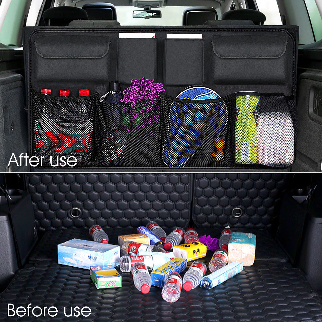 Black car organizer with multiple pockets and text indicating availability in all three models on a white background.