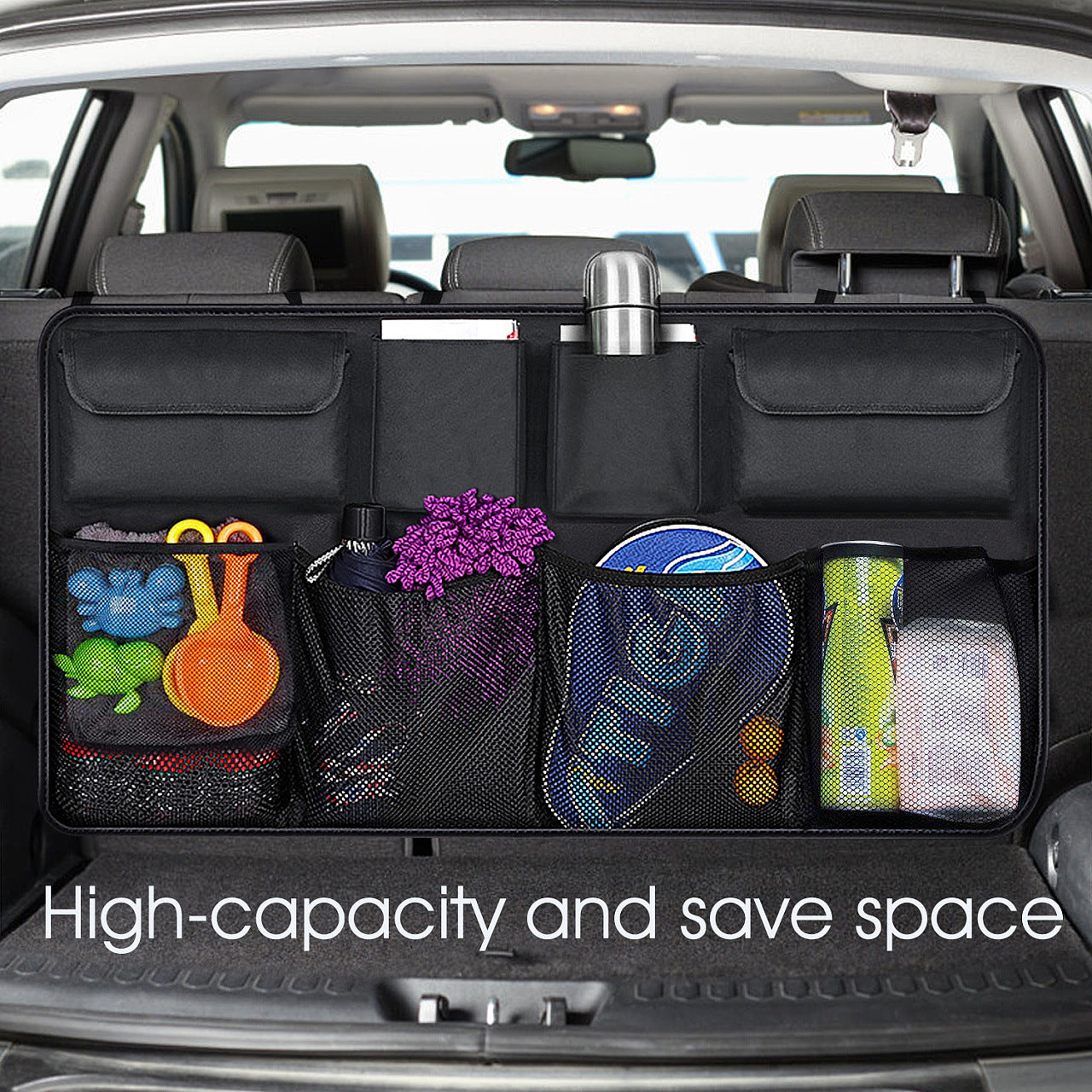 Car trunk organizer with various items inside, showing its capacity and organization.