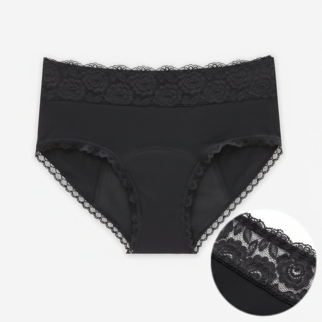 Black lace-trimmed underwear on a white background