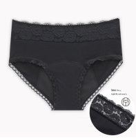 Black lace-trimmed underwear on a white background